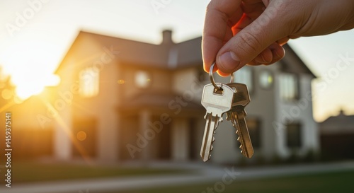 Hand holding keys in front of a house at sunset.