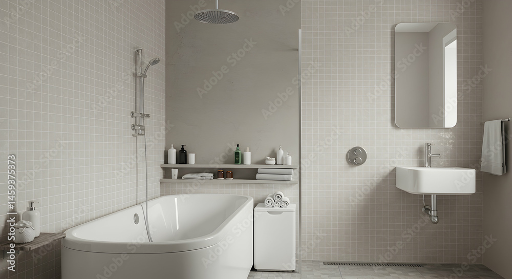 Fototapeta premium Modern Minimalist Bathroom Design with Elegant Fixtures and Textures