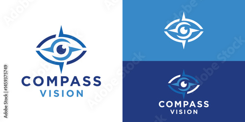 Creative modern compass vision logo template. Simple eyeball with compass logo design vector illustration.