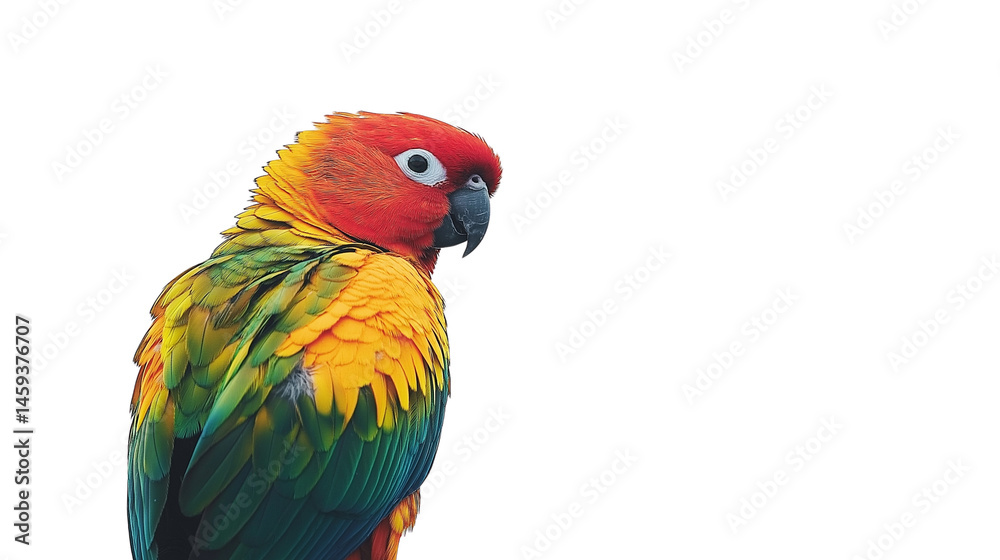 Fototapeta premium Small parrot with vivid feathers perched sideways, white background