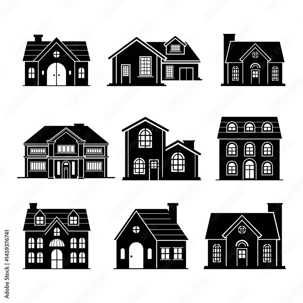 Fototapeta premium Black Silhouette Set of Residential House Icons. Flat design house silhouette