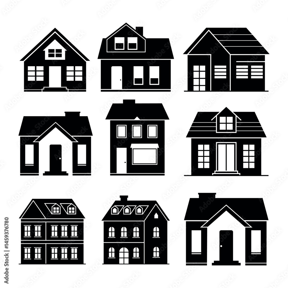 Fototapeta premium Black Silhouette Set of Residential House Icons. Flat design house silhouette