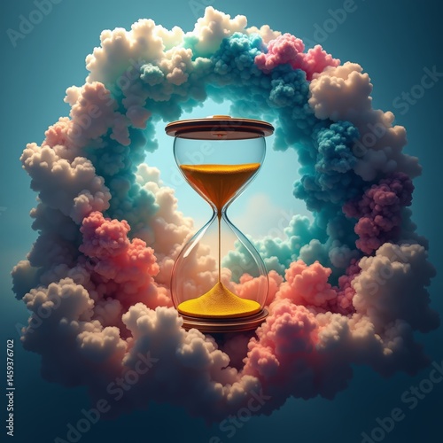 Orange sand in glass hourglass encircled by colorful clouds