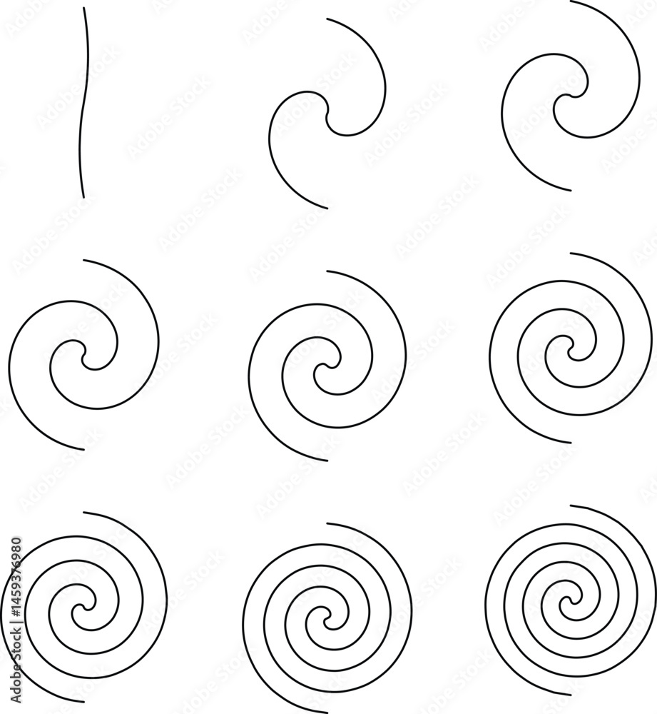 Vector spiral line evolution set – minimal swirl curve shapes, abstract motion icons, dynamic circular loops, hand-drawn contour elements for modern graphic design and animation projects Vector spiral line evolution set – minimal swirl curve shapes, abstract motion icons, dynamic circular loops, hand-drawn contour elements for modern graphic design and animation projects