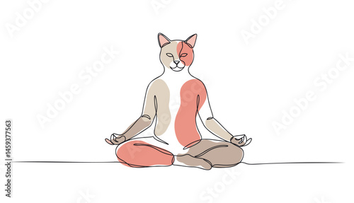 Cat in zen pose practicing yoga with calm expression and simple background