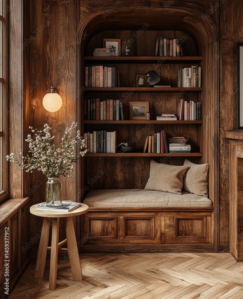Fototapeta premium Cozy reading nook with bookshelves, window light, and wooden details