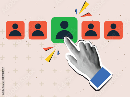 Black and white hand choosing a one person from list. Modern collage style. Vector illustration