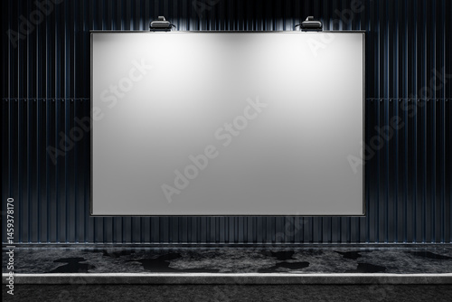 Fototapeta Naklejka Na Ścianę i Meble -  Space on the wall for your brand logo. Empty billboard on a metal wall. Billboard on a city street wall at night. Empty advertising space on the street wall. Street poster for your design. 3d render.