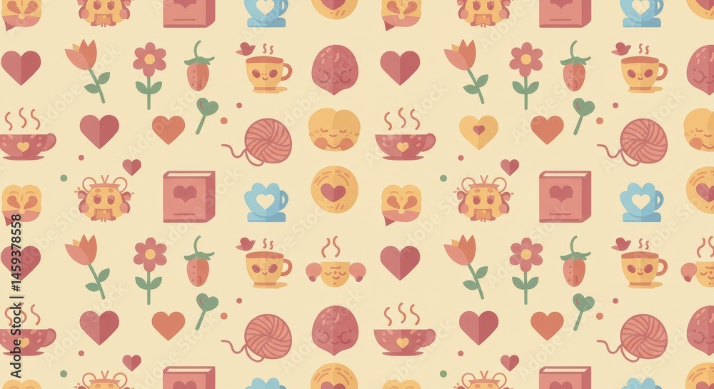 Charming, repeated pattern of hearts, flowers, and cups. Charming, repeated pattern of hearts, flowers, and cups.