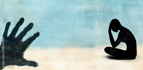 Silhouette woman sitting,shadow hand reaching toward her,concept emotional abuse,anxiety,fear,psychological trauma,mental health therapy,toxic relationships,fight against emotional violence