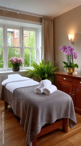 Relaxing spa treatment room with massage bed, folded towels, orchids, candles, wooden floor and soft lighting.