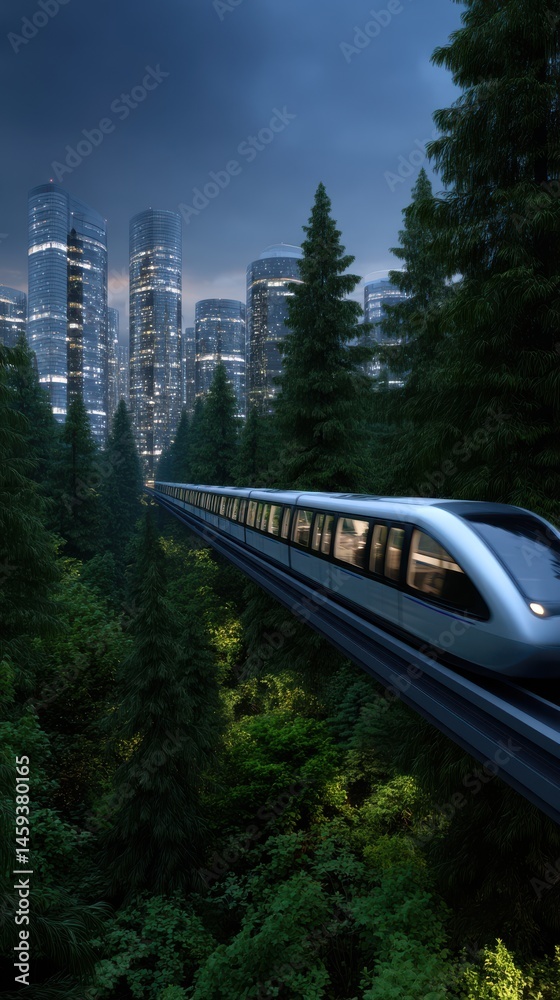 Naklejka premium Futuristic Elevated Train Rides Through Forest at Dusk With City Skyline Emerging Modern Transportation Environmentally Friendly Urban Planning