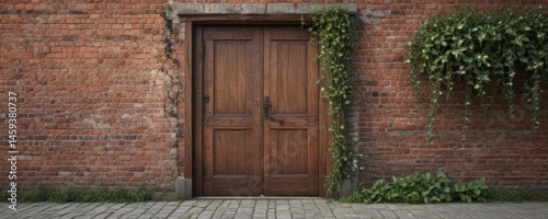 Rustic brick wall, antique wooden door, ivy vines , details, cottage