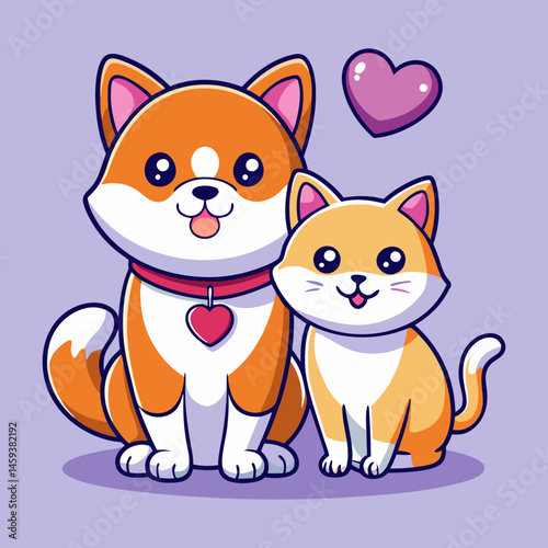 Download Cute Couple Shiba Inu Dog And Cat In Love Heart Cartoon Vector Icon Illustration Eps File For Design.