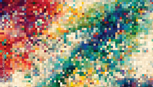 Bright and colorful abstract mosaic pattern created with vibrant multicolored square tiles, conveying a modern and artistic feel, ideal for creative projects, designs, or as artistic background visual