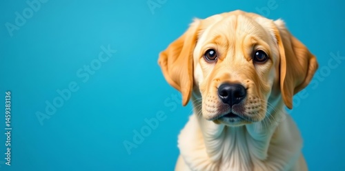 Cute labrador retriever against blue backdrop, gazing into lens, gazing, dog