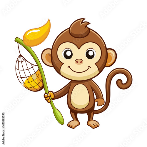 Download Cute Monkey Catching Banana With Fishing Net Cartoon Vector Icon Illustration. Eps File For Design.