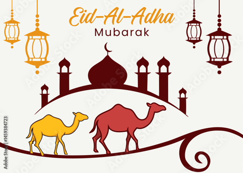 Eid al Adha animal silhouettes with mosque and lanterns