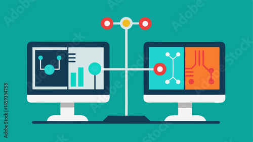 Digital Twin Visualization A splitscreen view where a physical machine is shown alongside its digital twin representation demonstrating realtime monitoring and analysis.