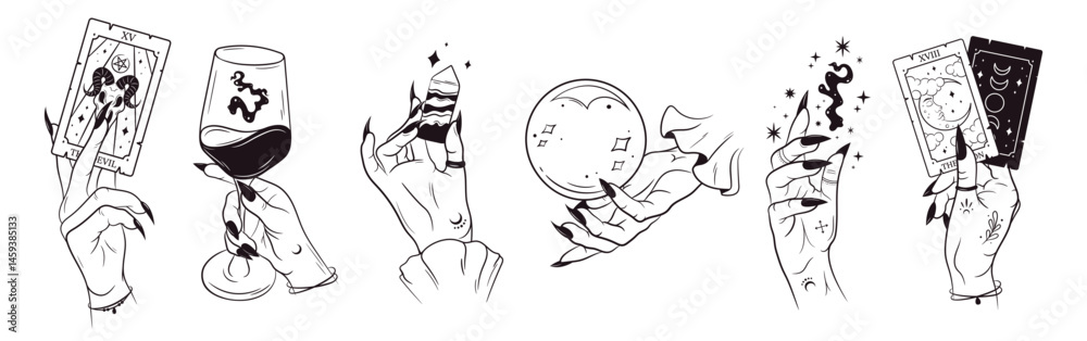 Witch hands set. Collection of female magic hands with various gestures. Tarot, wizardry, esoteric elements in minimalistic hand drawn style. Isolated vector illustration. Witch hands set. Collection of female magic hands with various gestures. Tarot, wizardry, esoteric elements in minimalistic hand drawn style. Isolated vector illustration.