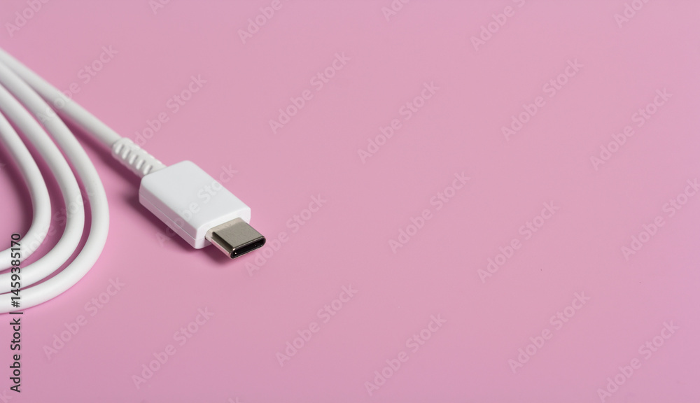 Coiled USB-C data and charging cable on light pink surface with copy space