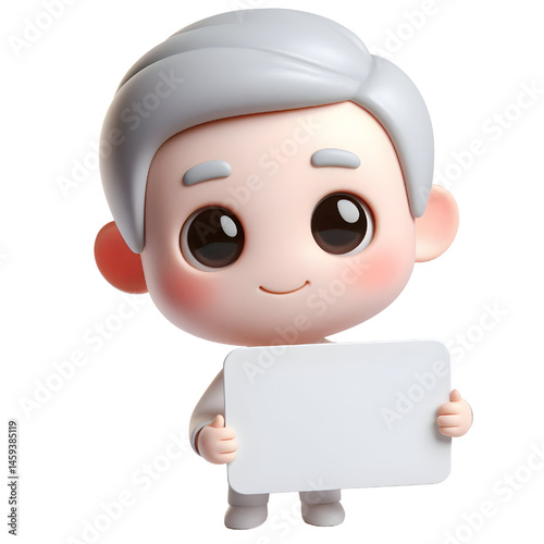 Cute white man 3d holding blank card isolated on white background
