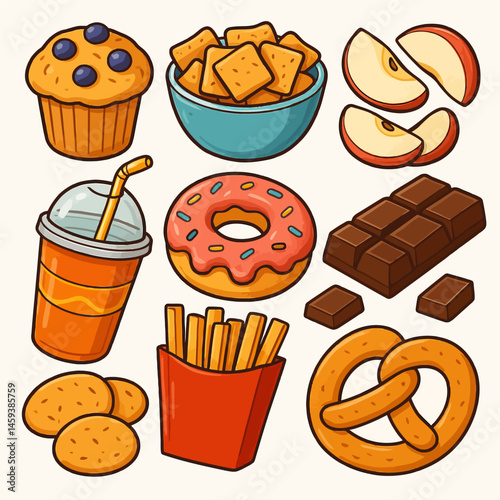 Various Snack Foods Illustration with Muffin, Fries, Chocolate, and More