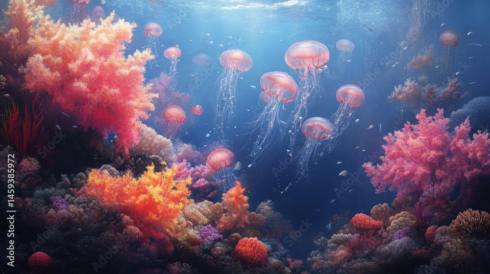 Naklejka premium Vibrant coral reef teeming with jellyfish. Sunlight penetrates the water