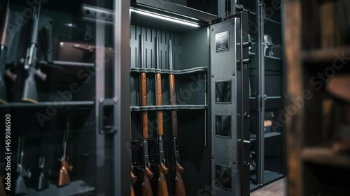 A high-security gun safe with rifles and firearms properly stored, showing organized weapon storage with interior lighting.