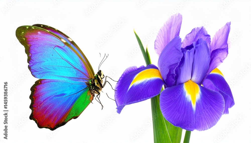 Fototapeta premium butterfly, blue, colorful, morpho, flower, tulip, sky, nature, insect, wildlife, vibrant, outdoors, wings, bright, animal, spring, petals, beauty, tropical, flora, fauna, pollinator, close-up, eleganc