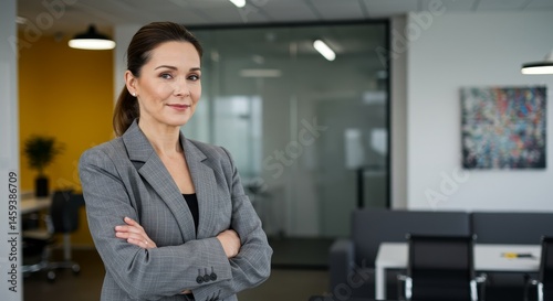 Confident Businesswoman in Modern Office - Portrait of a successful businesswoman with arms crossed, standing in a bright modern office. She exudes confidence and professionalism Free Download Confident Businesswoman in Modern Office - Portrait of a successful businesswoman with arms crossed, standing in a bright modern office. She exudes confidence and professionalism - GFXLoad