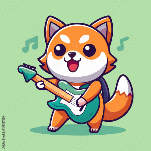 Download Cute Shiba Inu Playing Electric Guitar Cartoon Vector Icon Illustration. Eps File For Design.