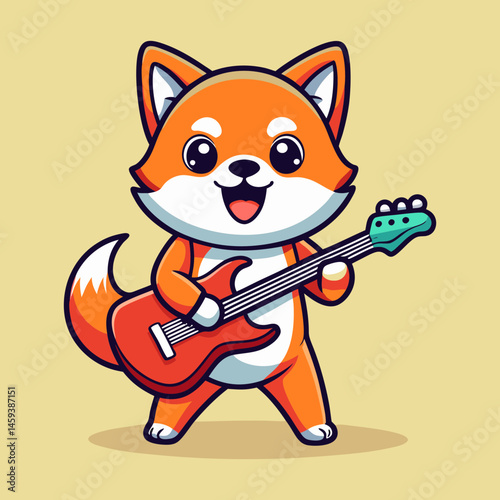 Download Cute Shiba Inu Playing Electric Guitar Cartoon Vector Icon Illustration. Eps File For Design.