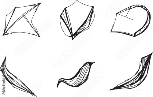 A set of vector elements, modern flat design with intricate black lines and futuristic aesthetics of sharp angles and smooth curves, simple two-dimensional shapes, soft dreamy atmosphere and high tech