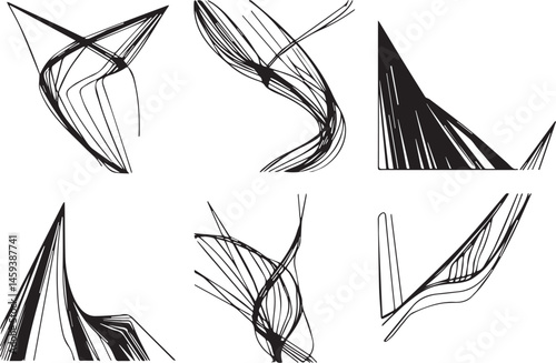A set of vector elements, modern flat design with intricate black lines and futuristic aesthetics of sharp angles and smooth curves, simple two-dimensional shapes, soft dreamy atmosphere and high tech