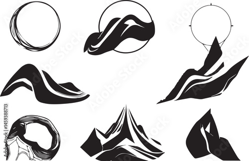 A set of vector elements, modern flat design with intricate black lines and futuristic aesthetics of sharp angles and smooth curves, simple two-dimensional shapes, soft dreamy atmosphere and high tech