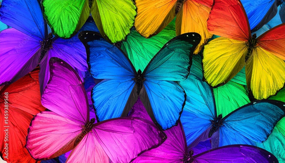 Obraz premium Colors of rainbow. Pattern of multicolored butterflies morpho, texture background.