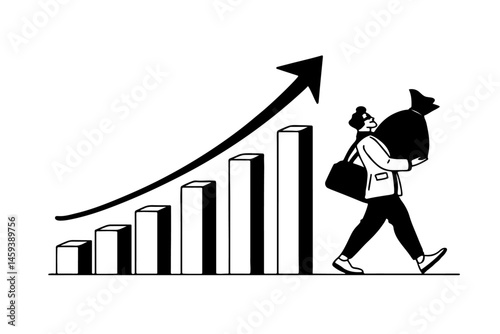 man carrying money and a business graph silhouette/businessman in a suit carrying a briefcase and money