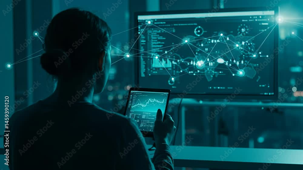 Analyzing Data on Tablet and Monitor in Urban Night Setting