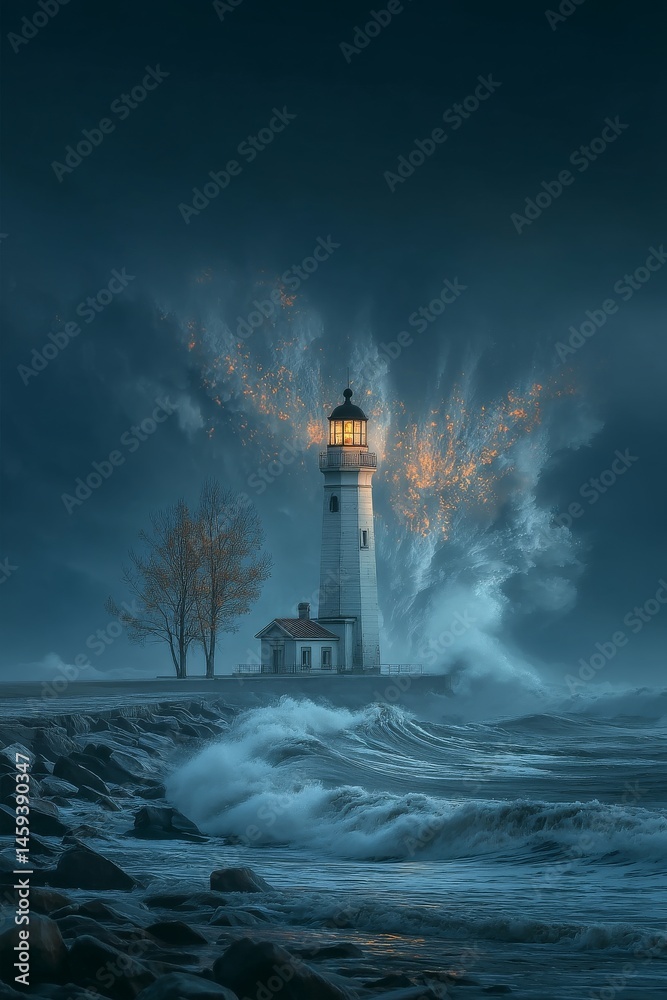 Fototapeta premium A solitary lighthouse illuminated by stormy skies and crashing waves creating drama
