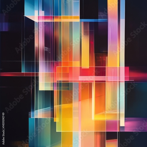 Abstract geometric shapes in vibrant colors. Intersecting transparent blocks create a dynamic visual