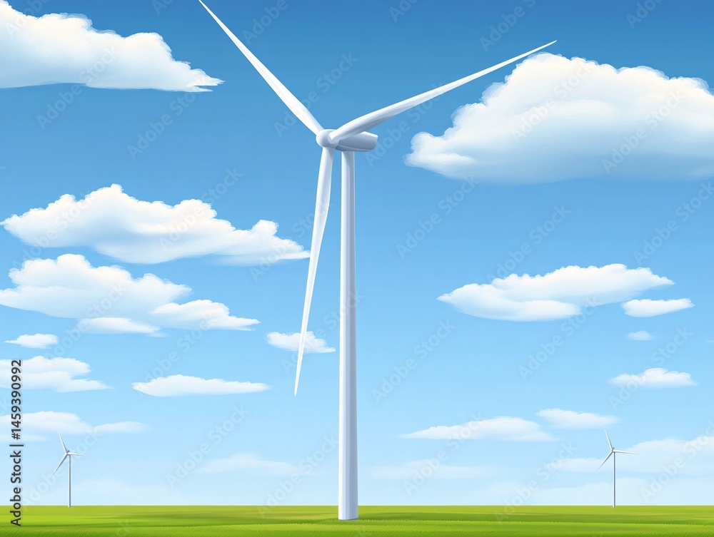 Obraz premium Wind turbine farm generating clean energy rural landscape digital art bright sky wide angle sustainability concept