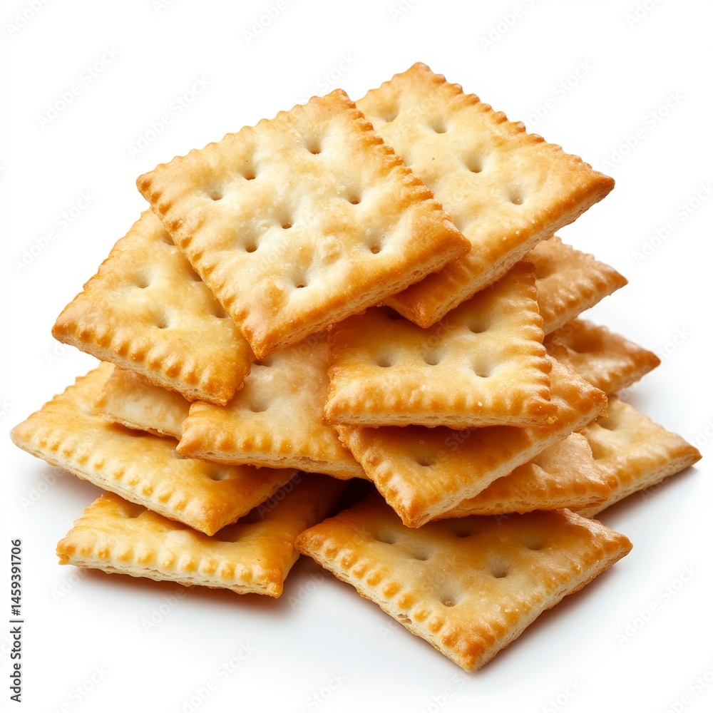 Stack of crispy, golden-brown crackers. Small, square, perforated snacks Stack of crispy, golden-brown crackers. Small, square, perforated snacks