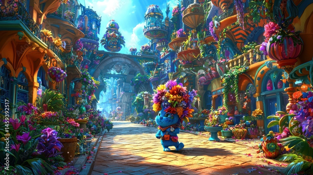 Fototapeta premium Whimsical blue creature strolls through a fantastical floral cityscape wonderland