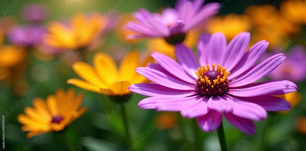 Obraz premium Close-up of purple and yellow daisy flowers in full bloom in a spring garden, garden, bloom