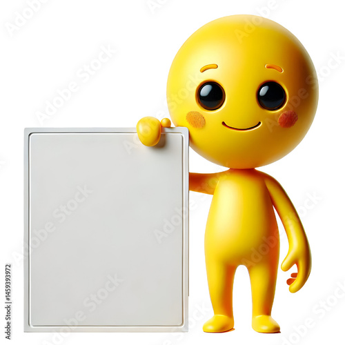 Cute yellow man 3d holding blank card isolated on white background