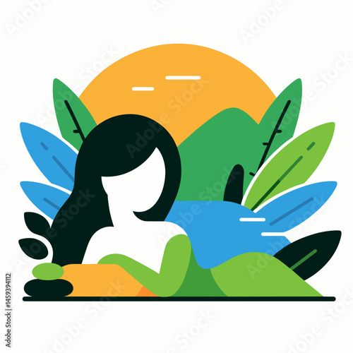 Woman in nature spa relaxing among colorful foliage  