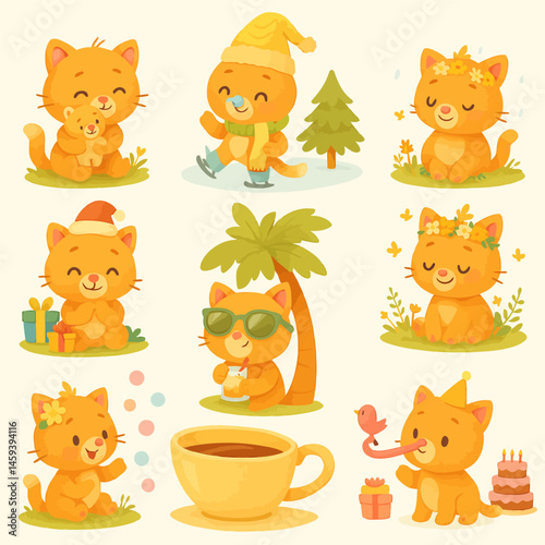 Cartoon Cat Character Set Showing Various Activities and Seasonal Occasions