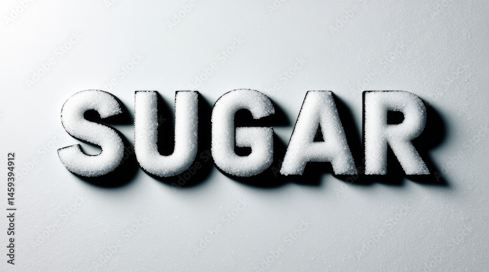 3D text 'sugar' sprinkled with sugar crystals on a white surface
