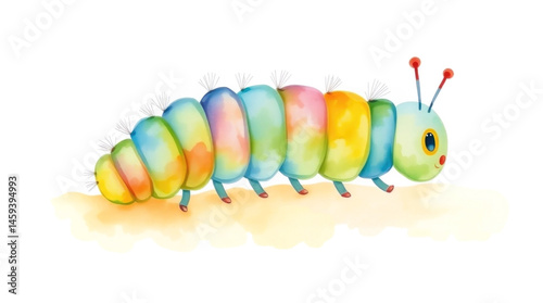 Bright and friendly watercolor cartoon caterpillar hand-drawn for children’s books and educational materials